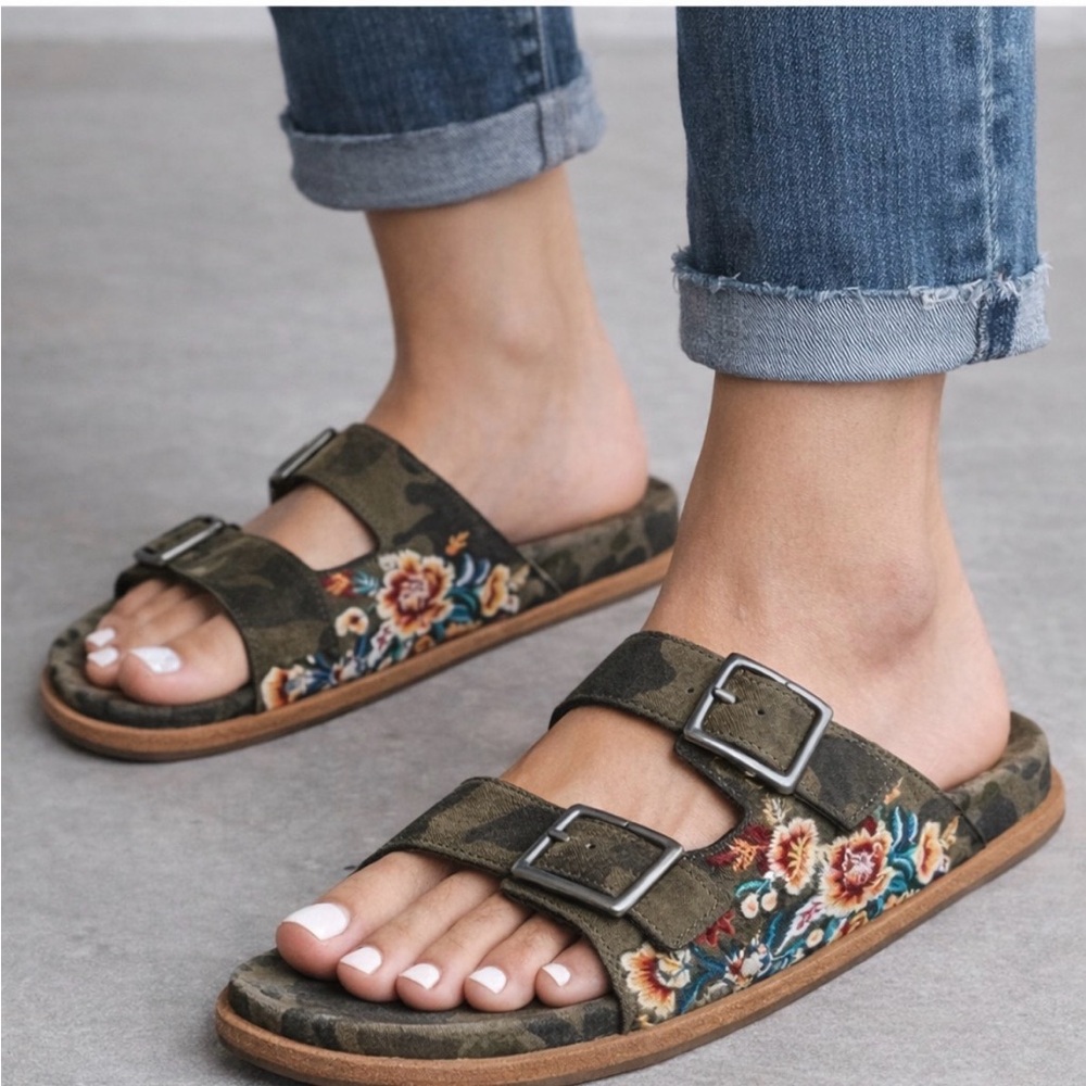 Johnny Was Embroidered Floral Camo Leather Slide Sandals